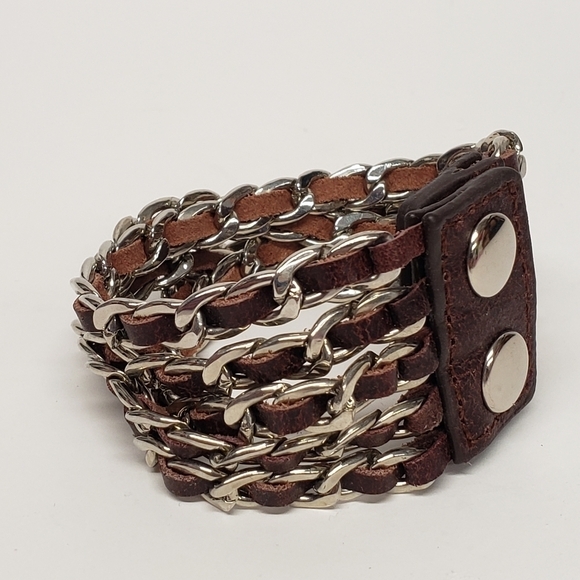 Jewelry - Womens Leather Metal Chain Links Bracelet Snap Closure